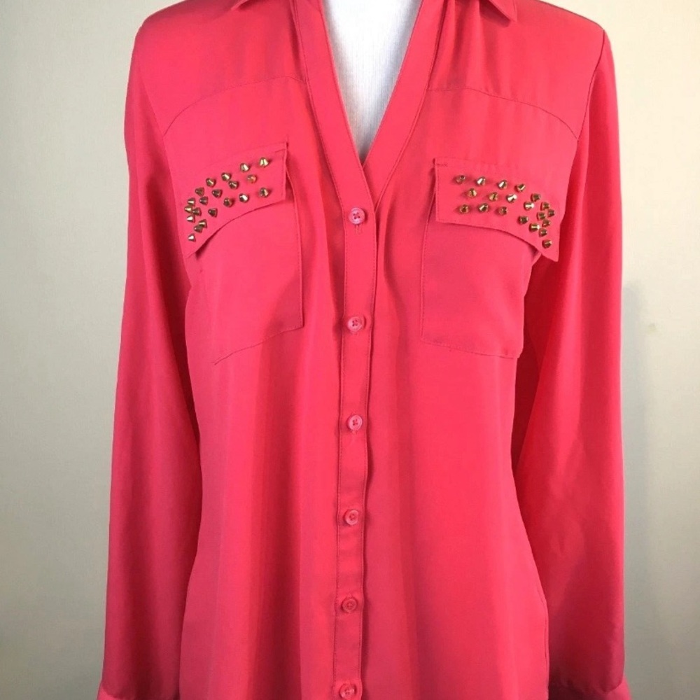 Express Pink Button-Down Shirt with Gold Stud Accents